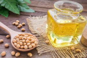 Soy bean and soybean oil on wooden table