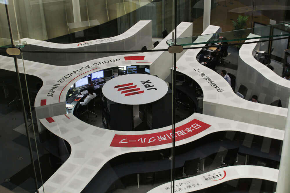 View of the interior of the Tokyo Stock Exchange in central Tokyo.